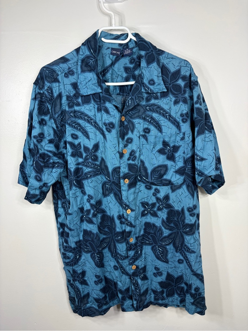 Cherokee Hawaiian Camp Shirt Men’s M Blue Tropical Cotton Rayon Aloha